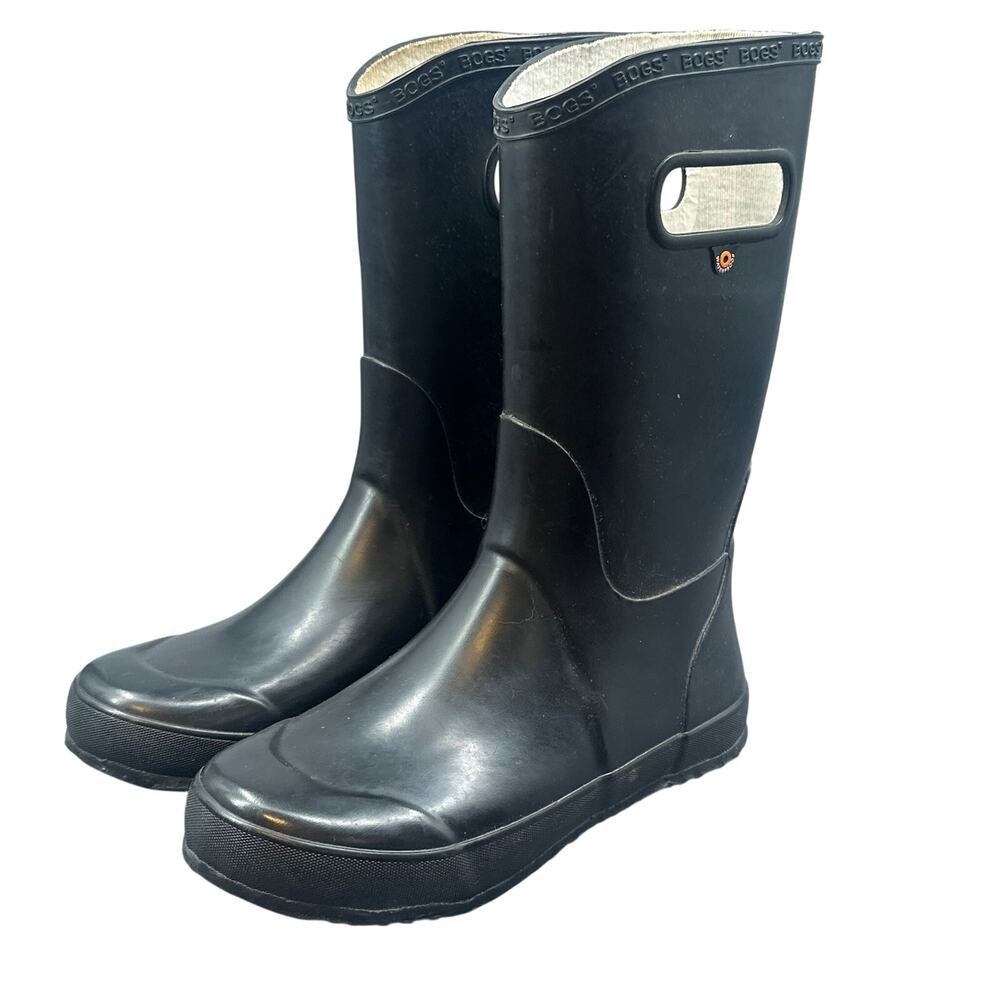Bogs Youth Rain Boots Size 5 Black Rubber Waterproof Mid Calf Pull On Handles